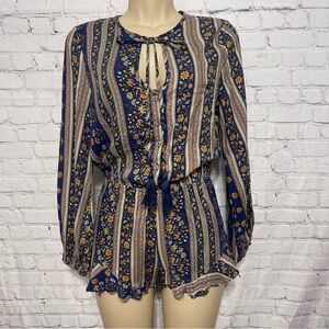 American Threads Women's Beige & Blue Rayon Long Sleeve Romper Size S.